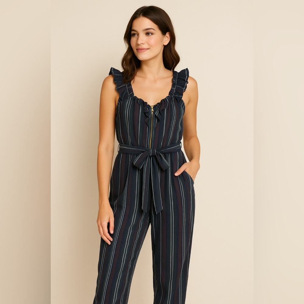 First Monday Navy Striped Sleeveless Jumpsuit with Ruffle Straps & Waist Tie